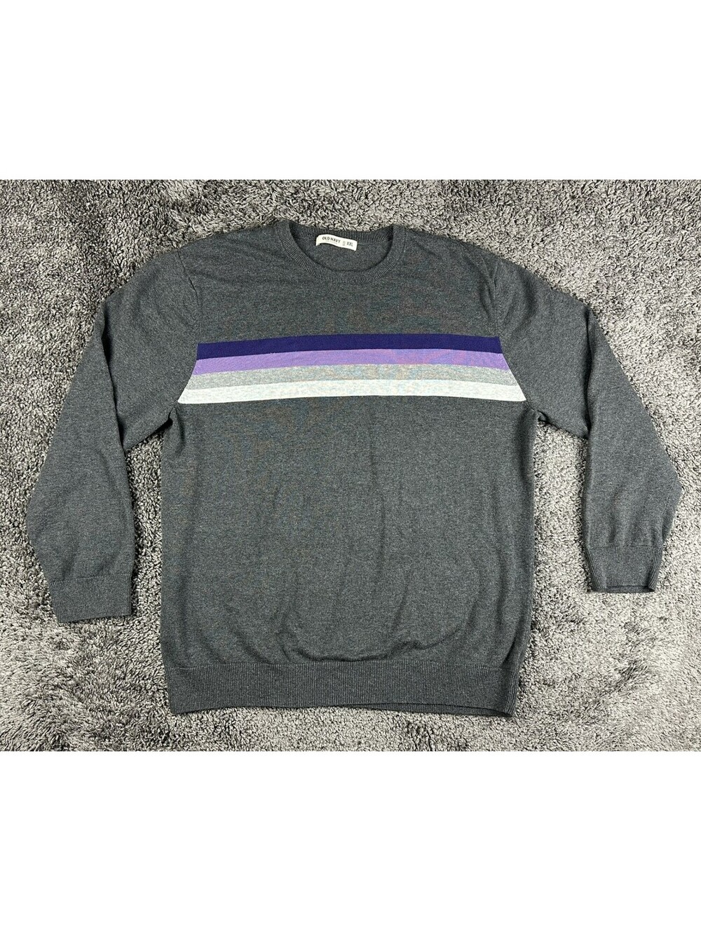 Old Navy Crewneck Sweater Mens XXL Gray Purple Stripe Chest Cotton Knit Pullover